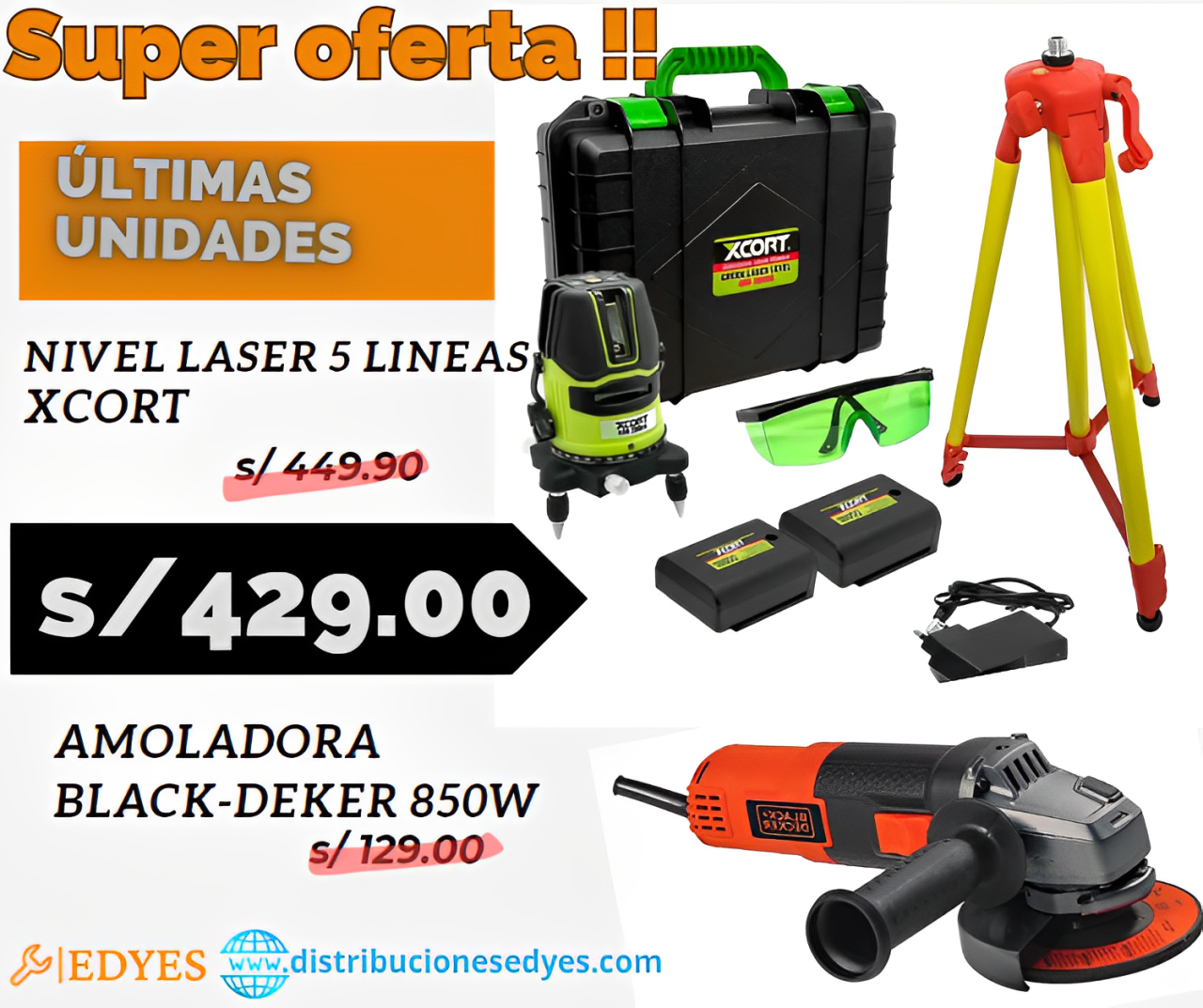 Amoladora black deker 850w + Nivel laser 5 lineas xcort.