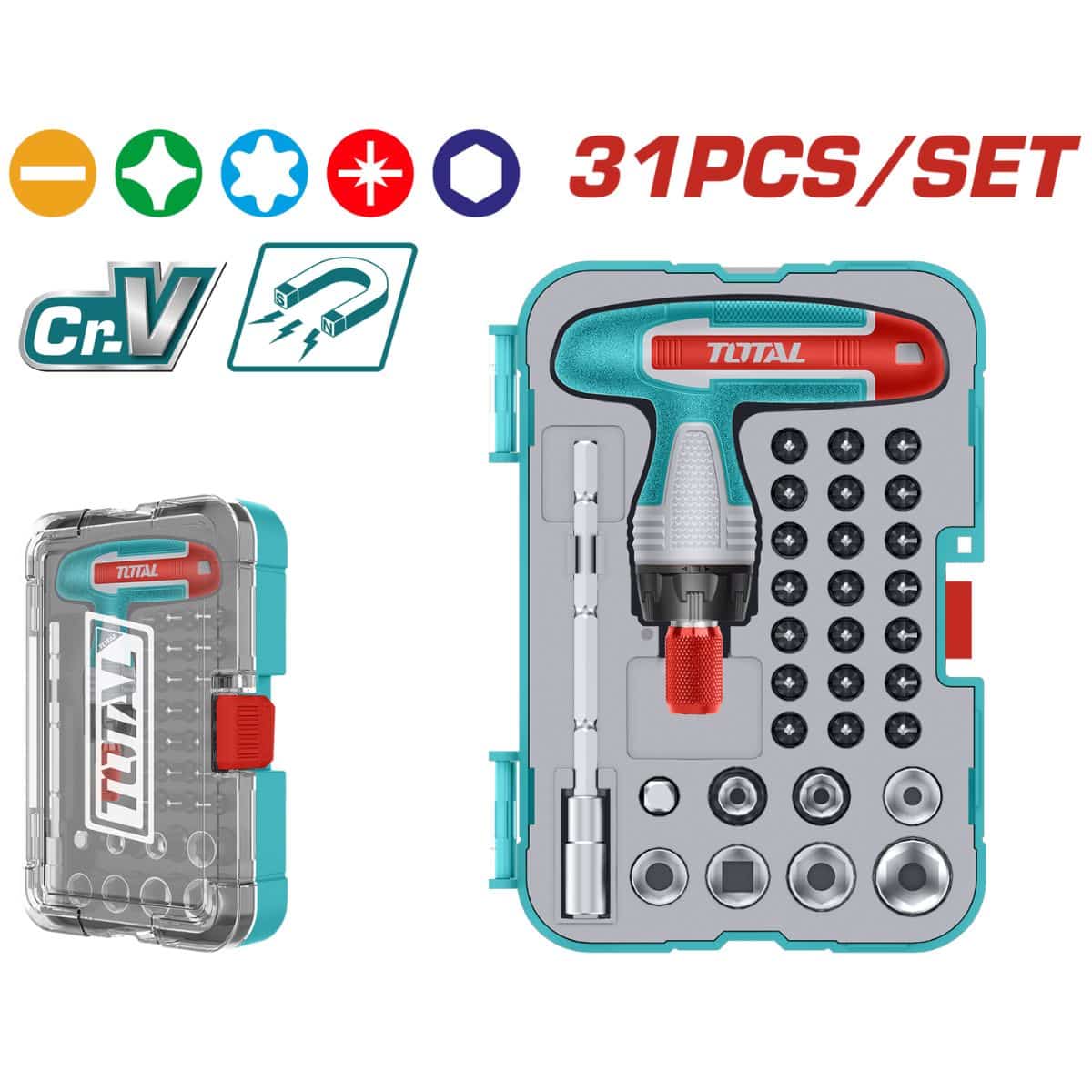 ATORNILLADOR RATCHET + PUNTAS 31PIEZAS MAGNETICO CRV ESTUCHE - TACSD30316
