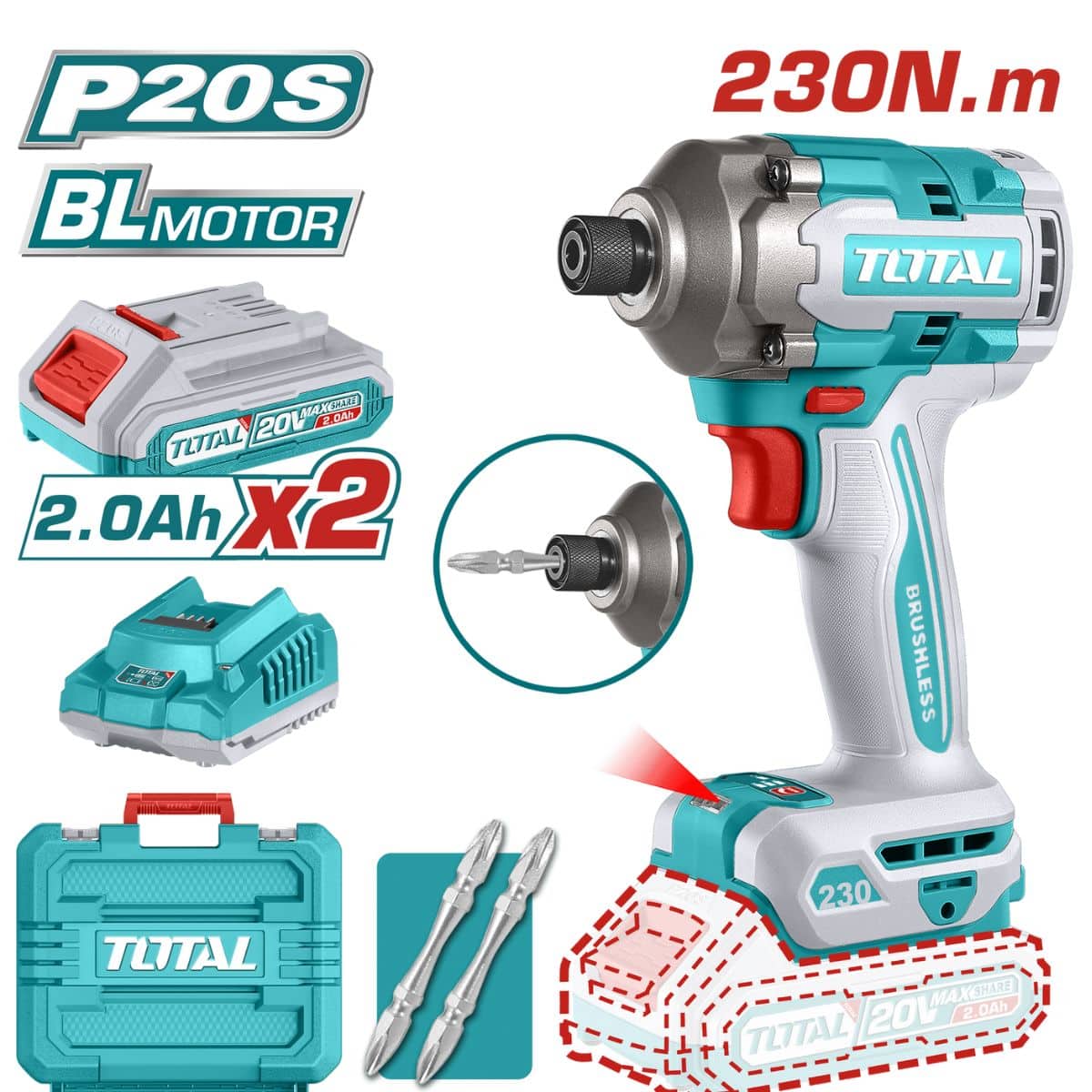 ATORNILLADOR IMPACTO 20V HEX:6.35 230NM 2X2.0AH 0-2900BPM BRUSHLESS M - TIRLI2023