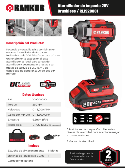 Atornillador de impacto 20V  Brushless RANKOR / RLIS20001