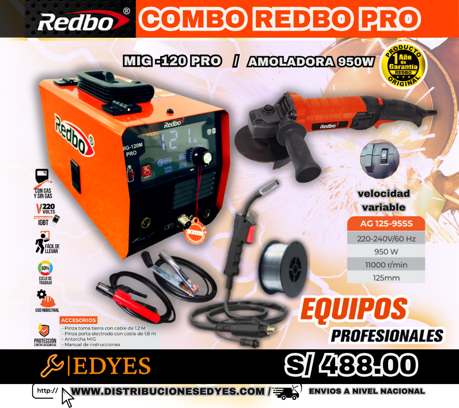 MIG 120 PRO/AMOLADORA 950W REDBO PRO