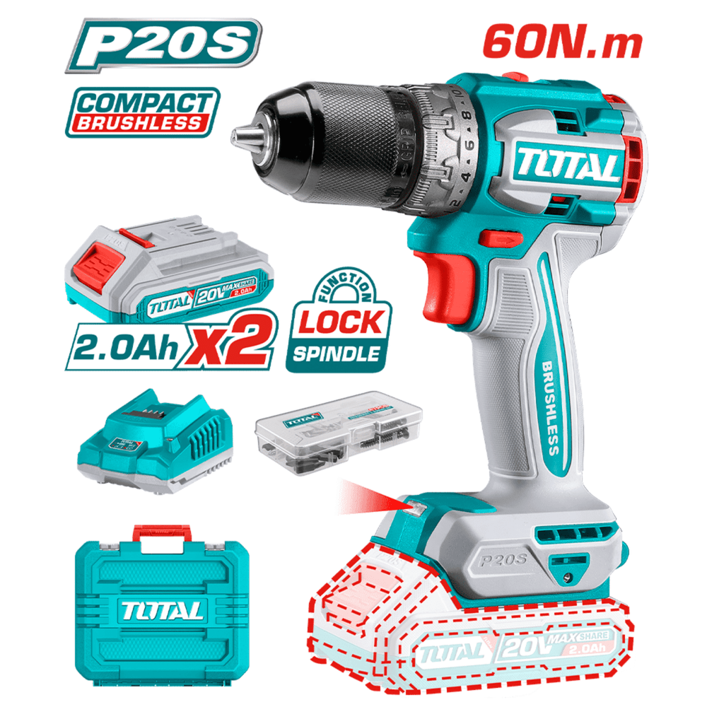 Taladro atornillador chuck metálico 60 Nm 20v Total TDLI20602